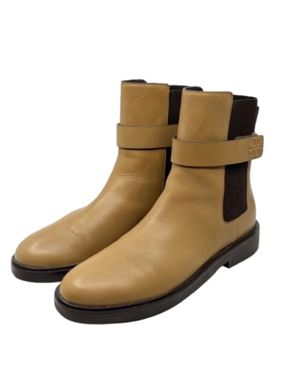 TORY BURCH~Double T Buckle Chelsea~TAN LEATHER WOMENS ANKLE BOOTS Sz 11 NEAR NEW